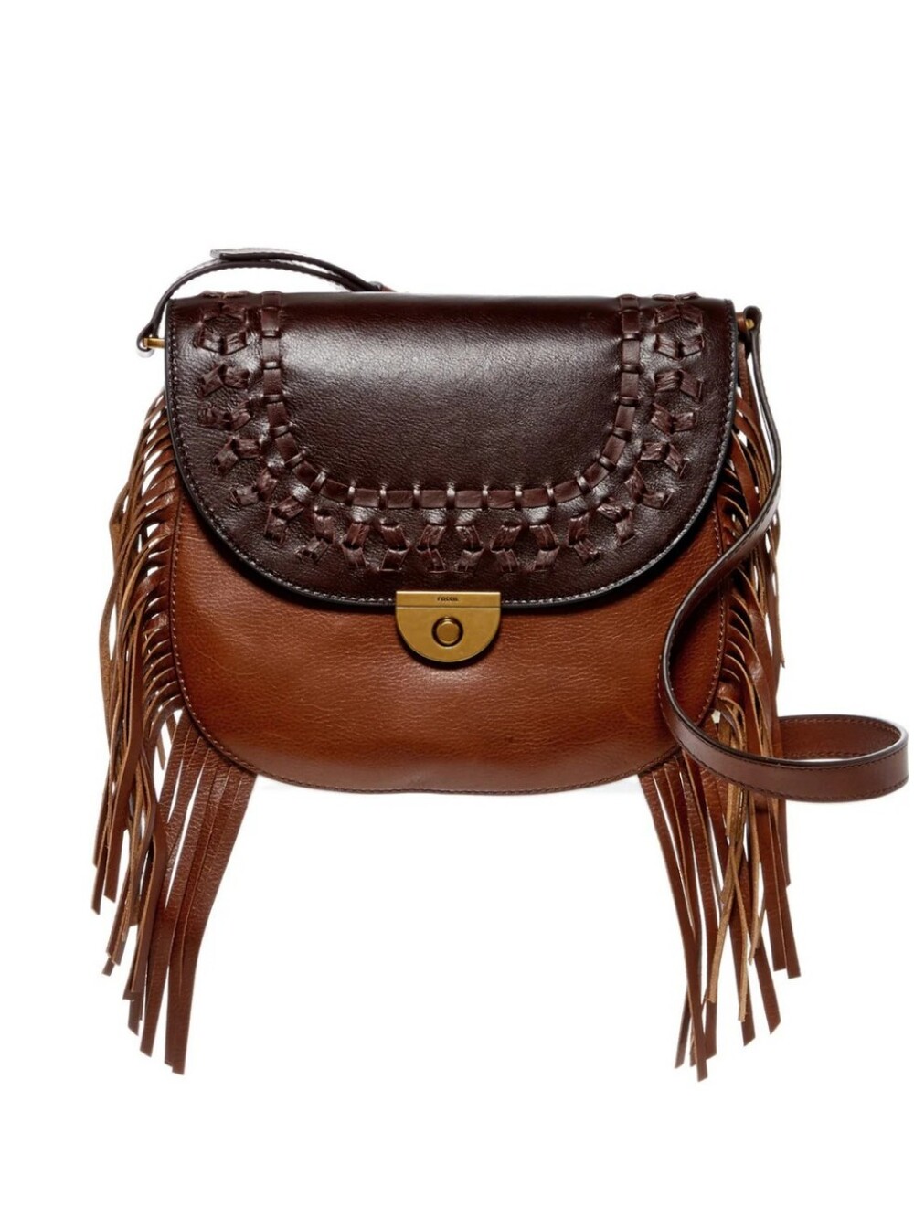 🤎EUC Fossil Brand Emi Fringe Genuine Leather Adjustable Crossbody Bag, Two Tone